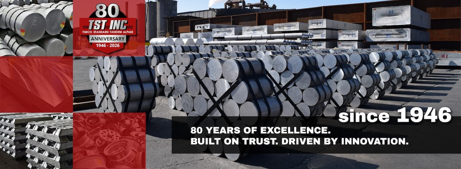 TST-Inc-80th-Anniversary-Cover-2026 Collage for TST Inc.’s 80th anniversary showing aluminum billets, ingots, and scrap metal. An anniversary badge reads "80 TST INC Anniversary 1946 - 2026" and text overlays say "since 1946" and "80 Years of Excellence. Built on Trust. Driven by Innovation."